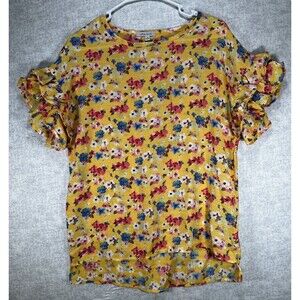 White Birch Yellow Floral Top Women's  Size Small Crewneck Ruffled Short Sleeve